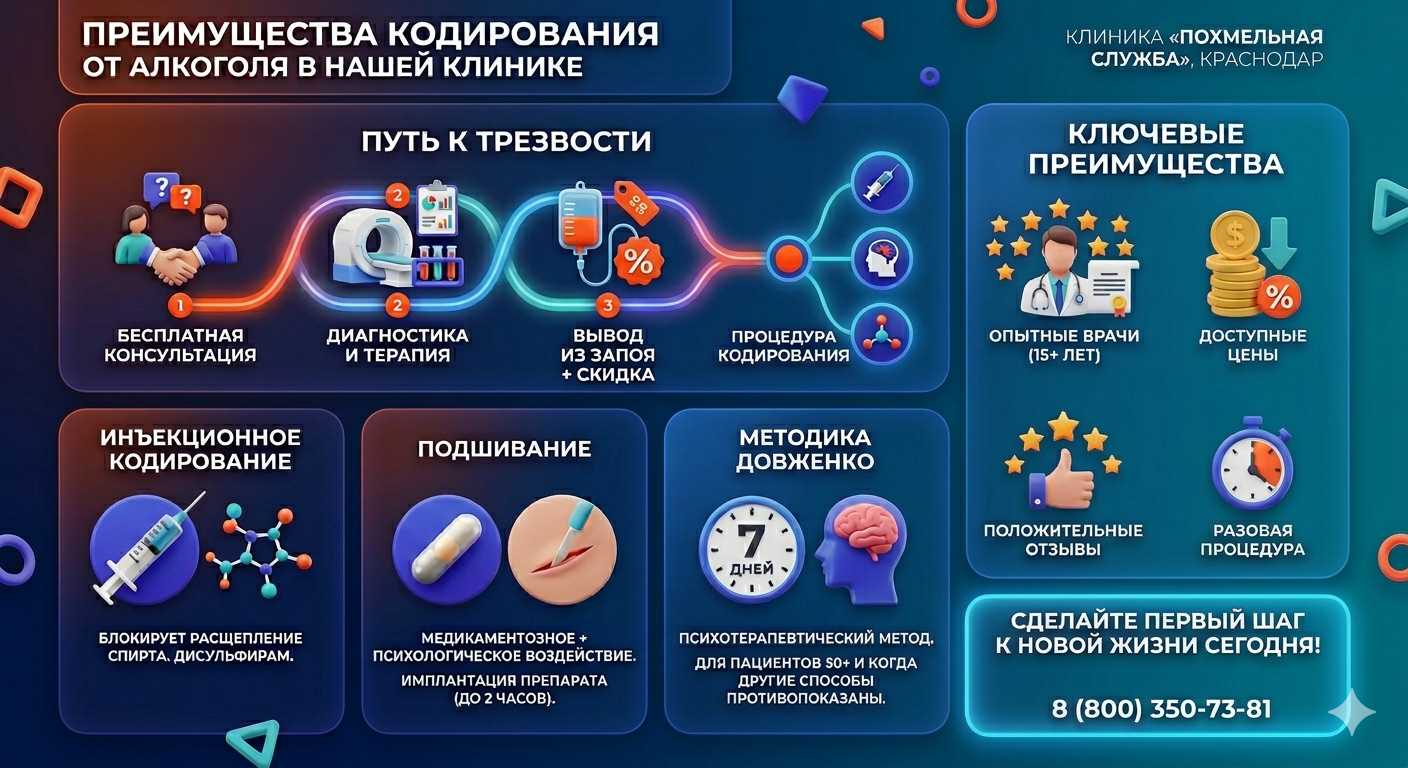 Инфографика о методах кодирования от алкоголя в Балаково: инъекции, подшивание, метод Довженко. Преимущества клиники и этапы лечения.