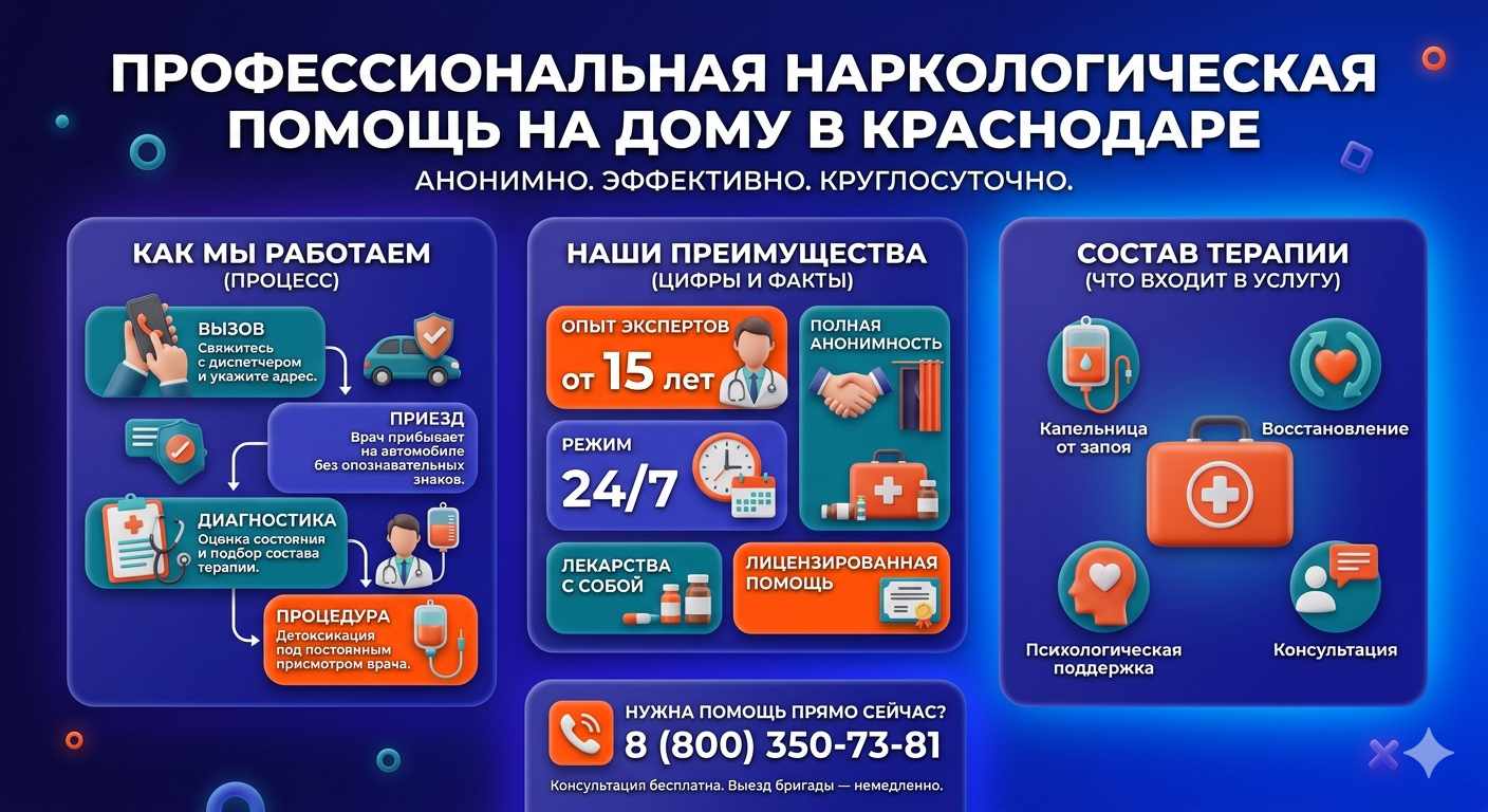 Инфографика о принципах лечения алкоголизма на дому в Балаково: этапы вызова нарколога, преимущества анонимной детоксикации и состав медицинской помощи.